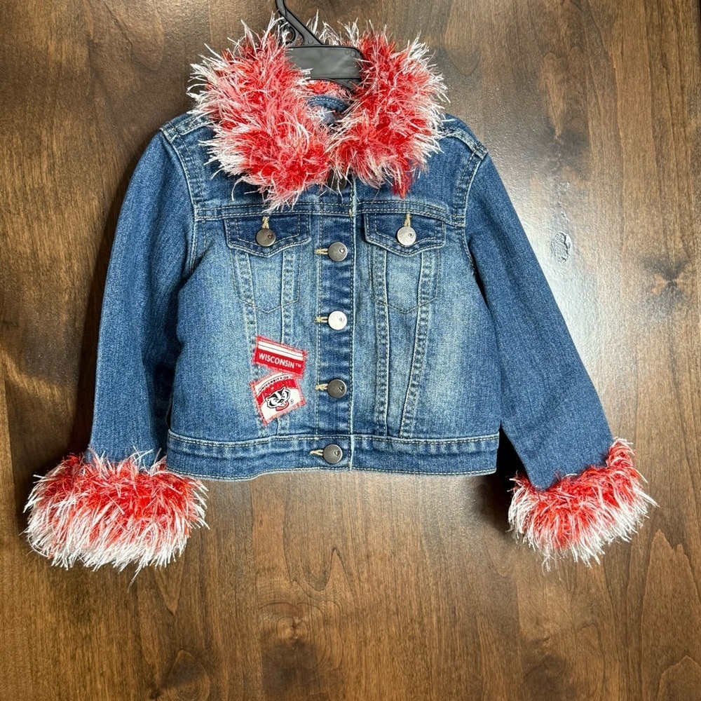 The Children's Place Blue and Red Jean Jacket with Pom Pom trim Wisconsin 18-24M